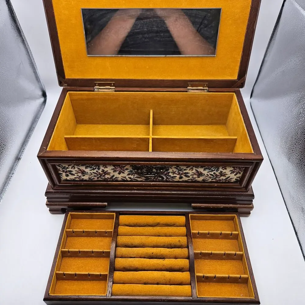 PAT YOSHIKAWA JAPAN WOODEN FLORAL JEWELRY BOX MIRROR RING ORGANIZER